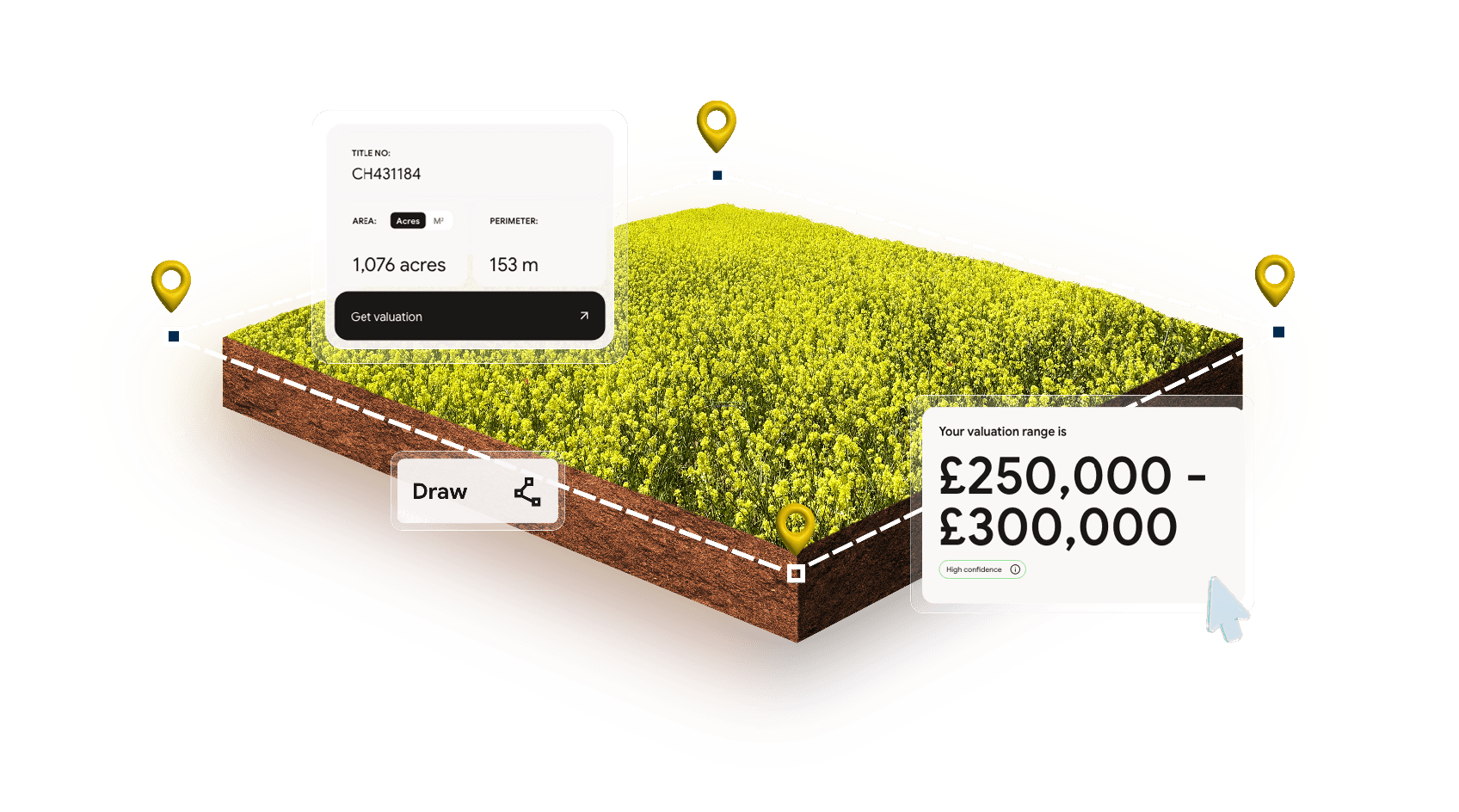 Land-X product mockup showing land parcel with valuation